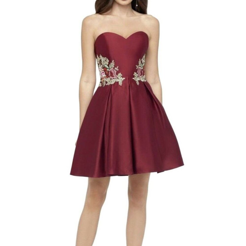 BLONDIE Womens Fit + Flare Above The Knee Dress Burgundy Party Juniors 9